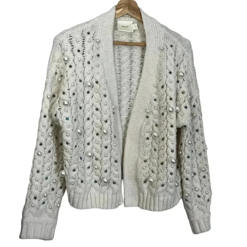 Maeve Anthropologie Ivory Kimono Things Embellished Party Pearl Holiday Sweater - Picture 4 of 14